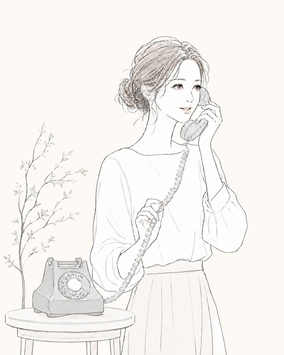 黒電話で会話しながらカールコードに触れる女性の線画イラスト
