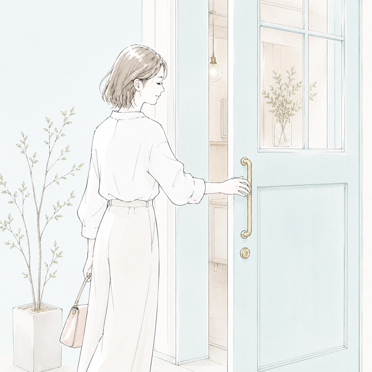 初めてのお客様がCottieのブルーの扉を開けるイラスト