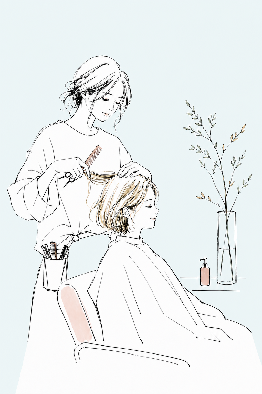 お客様の髪を整える美容師のイラスト