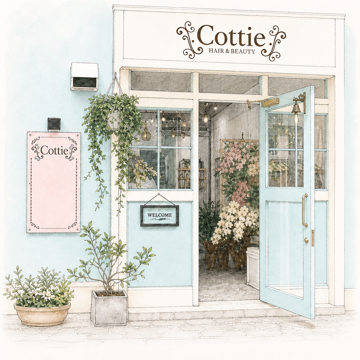 青い壁と扉が目印のCottie店舗外観イラスト