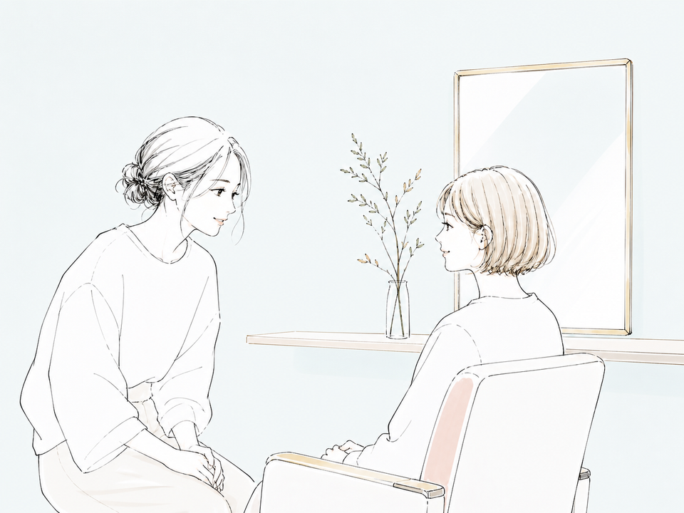 美容師がお客様の話を落ち着いて伺うイラスト