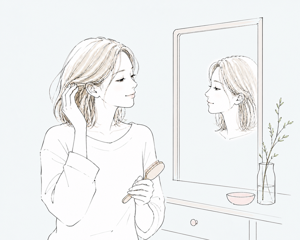 自宅で髪を無理なく整える女性のイラスト