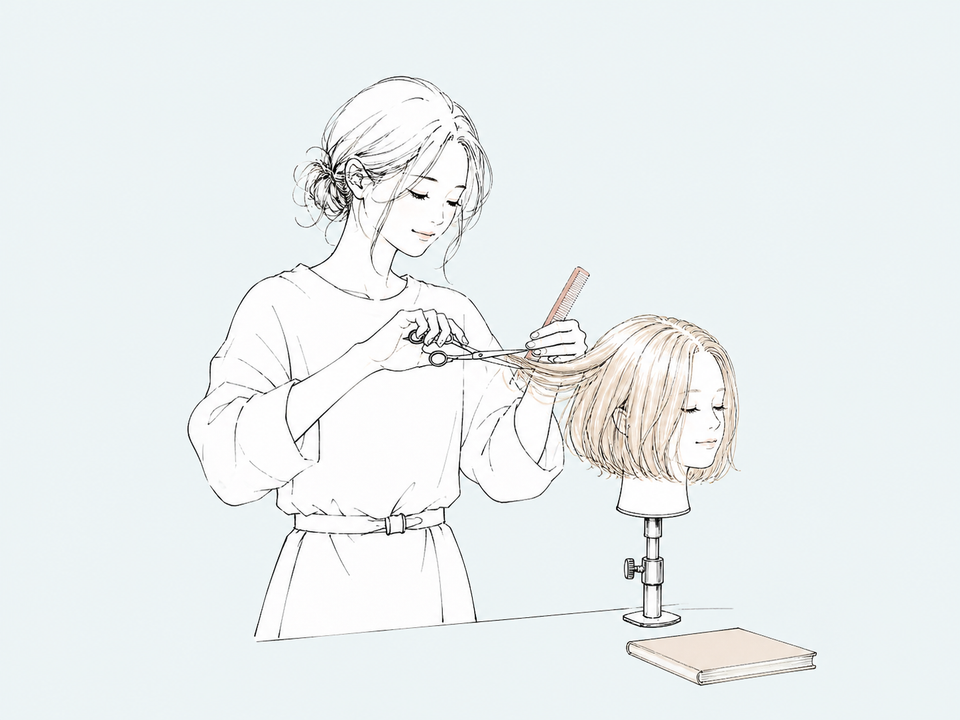 練習用ウィッグでカット技術を学ぶ美容師のイラスト