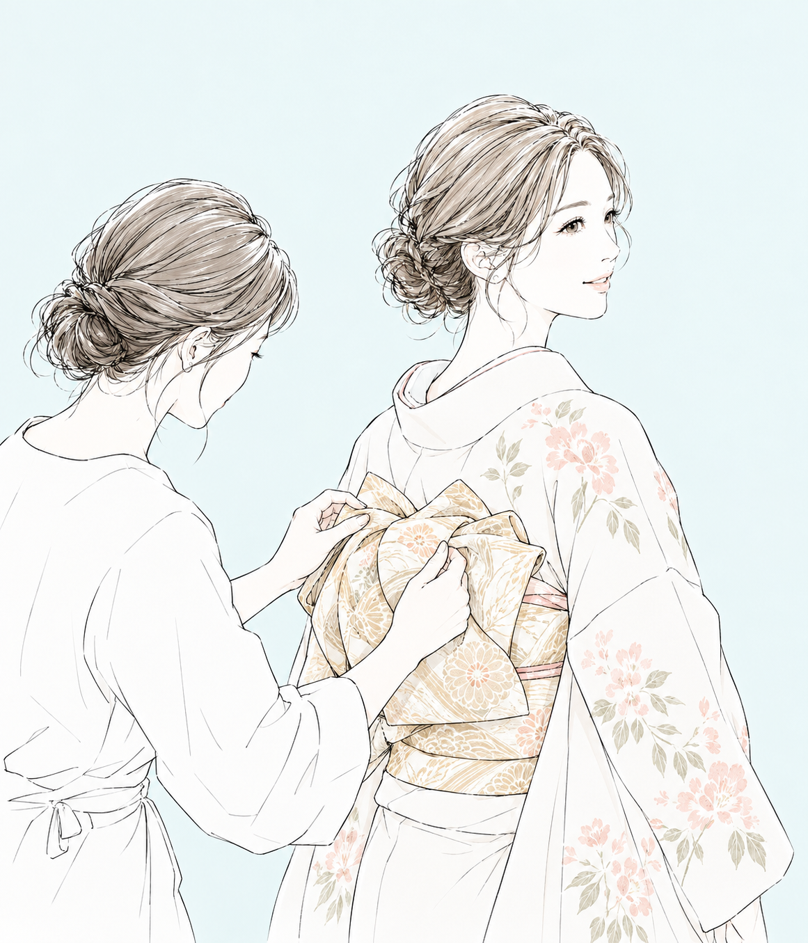 着物姿の女性の帯を丁寧に整える様子の線画イラスト