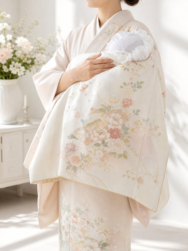 お宮参りで赤ちゃんを抱く着物姿の女性