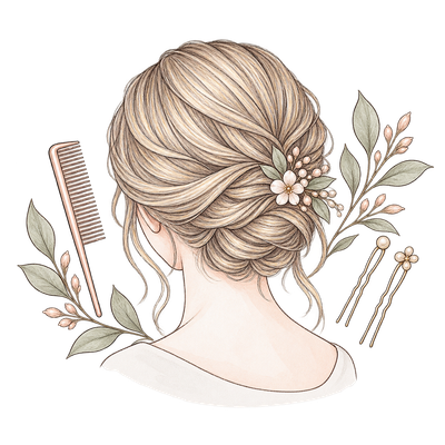 髪飾りを添えたヘアセットの後ろ姿のイラスト