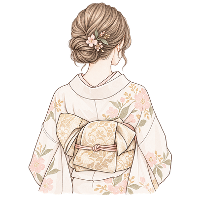 着物を着た女性の後ろ姿と帯のイラスト