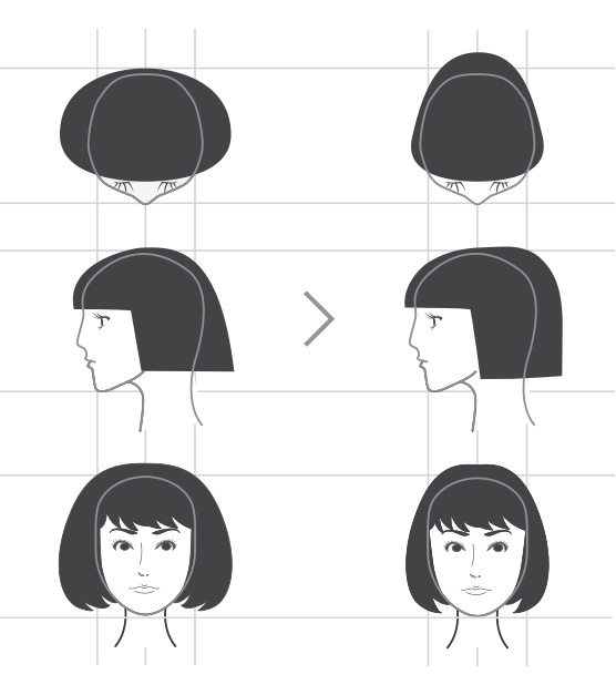 髪型によるシルエットの違いを示した図